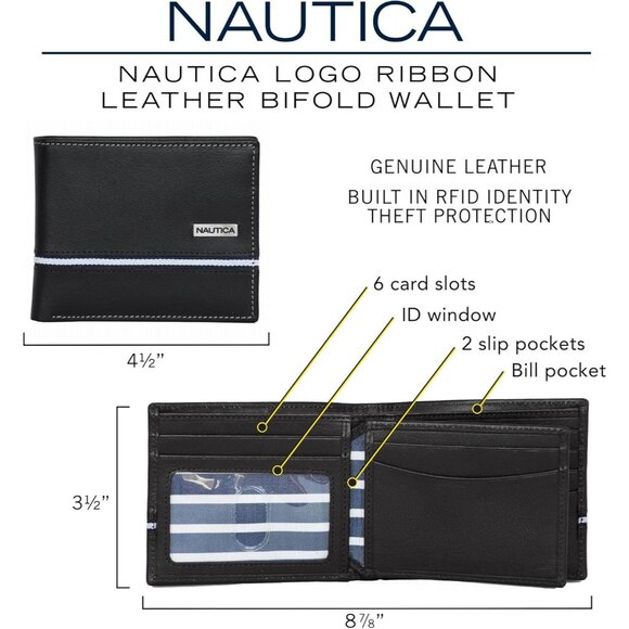 Nautica Men's Bifold Leather Wallet Brown RFID Blocking ID Window Card Slots - Picture 6 of 7